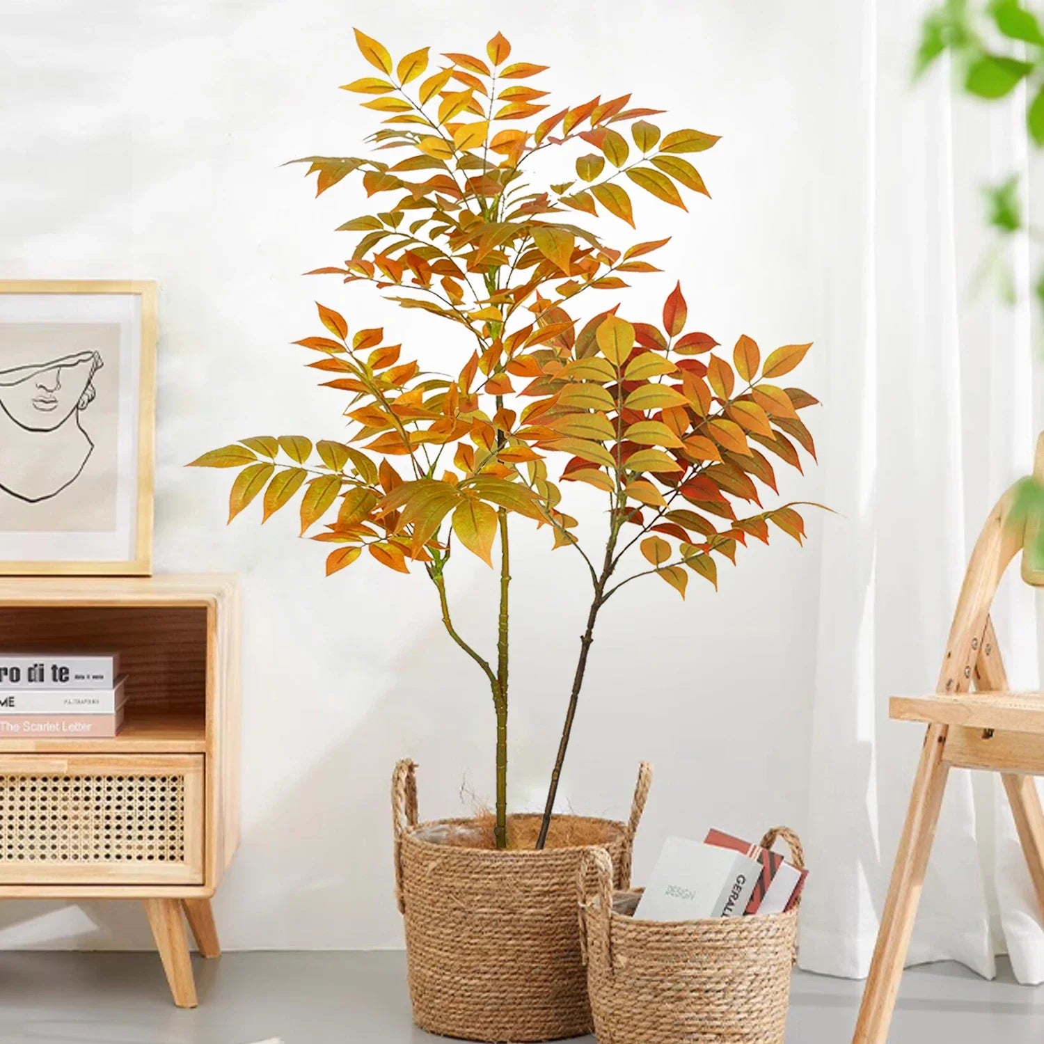 Ficus Orange et Vert Artificielle Sans Pot